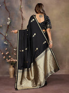 Joban Fashion Black Floral & Botanical Motifs Satin Silk Banarasi Silk Saree | Grocsy