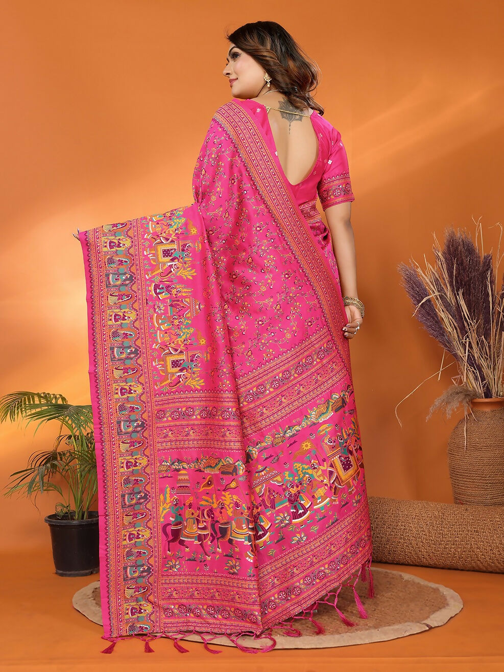 Joban Fashion Pink Meena Weaves Pashmina Sarees | Grocsy