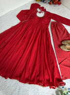 Teeya Creation New Trendy Party Wear Look Gerorrget Gown With Pant Dupatta Set - Red | Grocsy