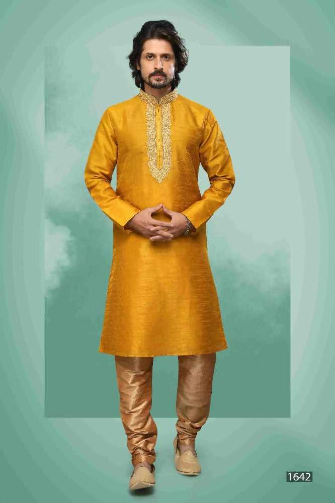 Raivat Ethnic Art Silk Mirror Embroidery Work Kurta Pajama In Mustard Colour | Grocsy