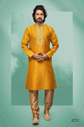 Raivat Ethnic Art Silk Mirror Embroidery Work Kurta Pajama In Mustard Colour | Grocsy