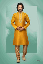 Raivat Ethnic Art Silk Mirror Embroidery Work Kurta Pajama In Mustard Colour | Grocsy