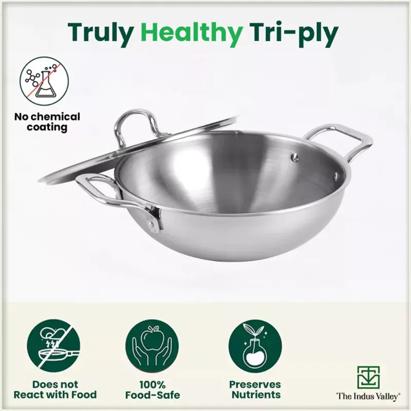 The Indus Valley TurboCuk Tri-ply Stainless Steel Cookware Set: 3L Kadai with Lid + 1.4L Fry Pan, Premium Quality, 3 Layer Thick Body, 100% Toxin-free, Non-stick, Induction & Gas | Grocsy