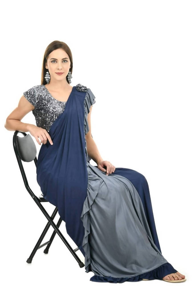 Mominos Fashion All Season Wear Gray And Blue Ruffled Ready To Wear Saree | Grocsy