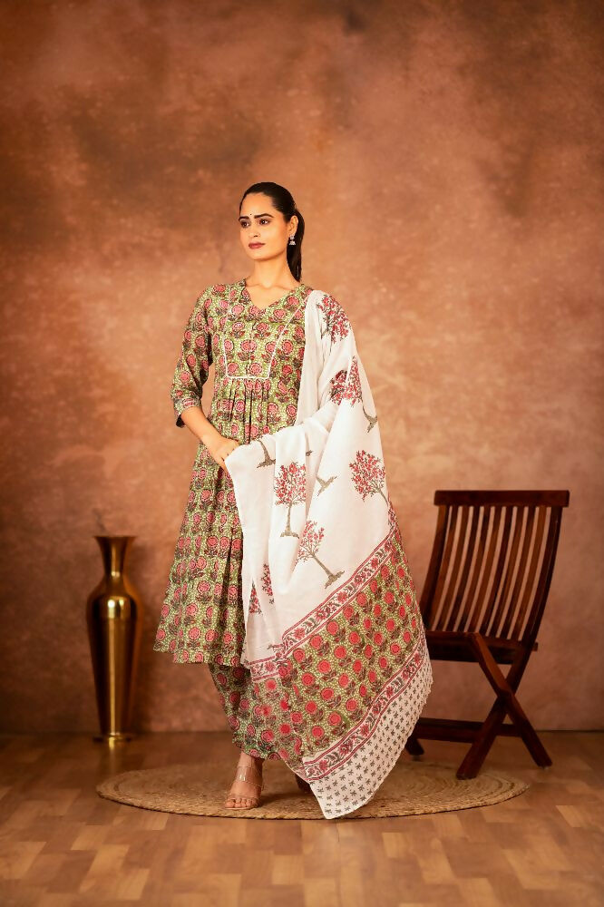 Joban Fashion Green Hand Block Printed Cotton Suit Set | Grocsy