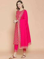 Vamika Foil Print Cotton Pink Party Wear/Casual Wear Kurta Set/Suit | Grocsy