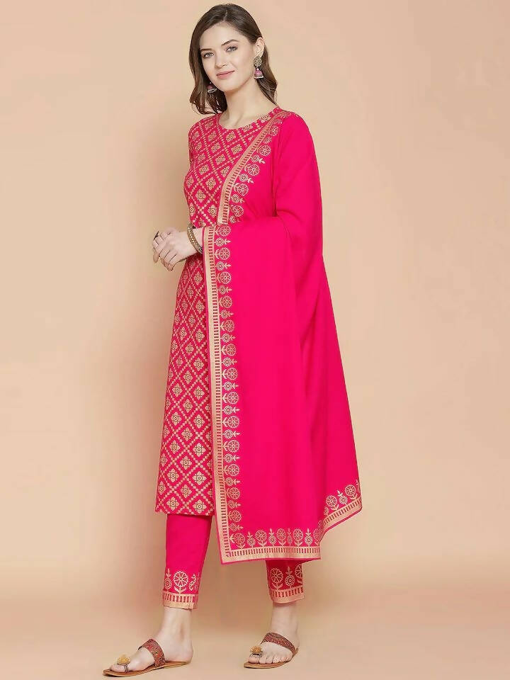 Vamika Foil Print Cotton Pink Party Wear/Casual Wear Kurta Set/Suit | Grocsy