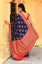 Joban Fashion Navy Blue Crepe Chiffon Pure Handloom Banarasi Silk Saree | Grocsy