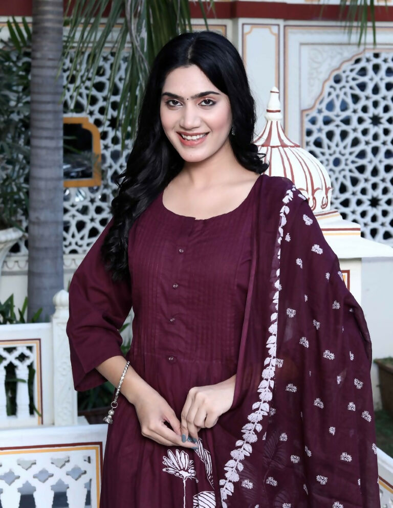 Miravan Women's Wine Pintucks Cotton Floral Elegant Straight Kurta and Palazzo with Dupatta Set | Grocsy