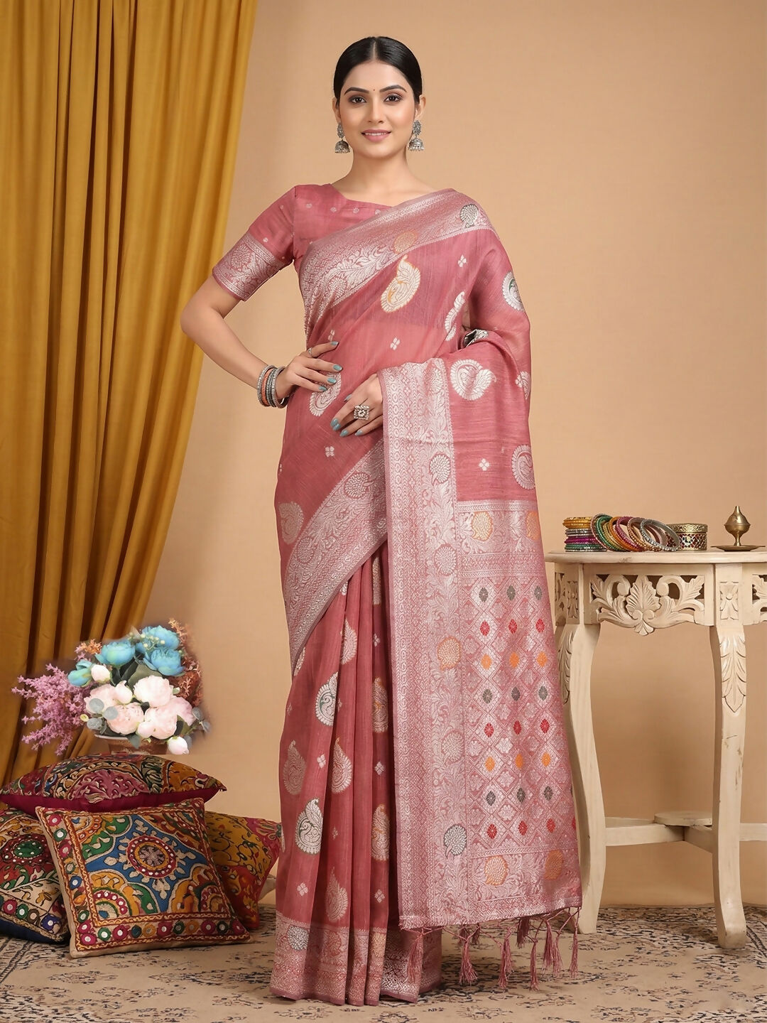 Shree Shyam Fashion Pink Linen Cotton Saree | Grocsy
