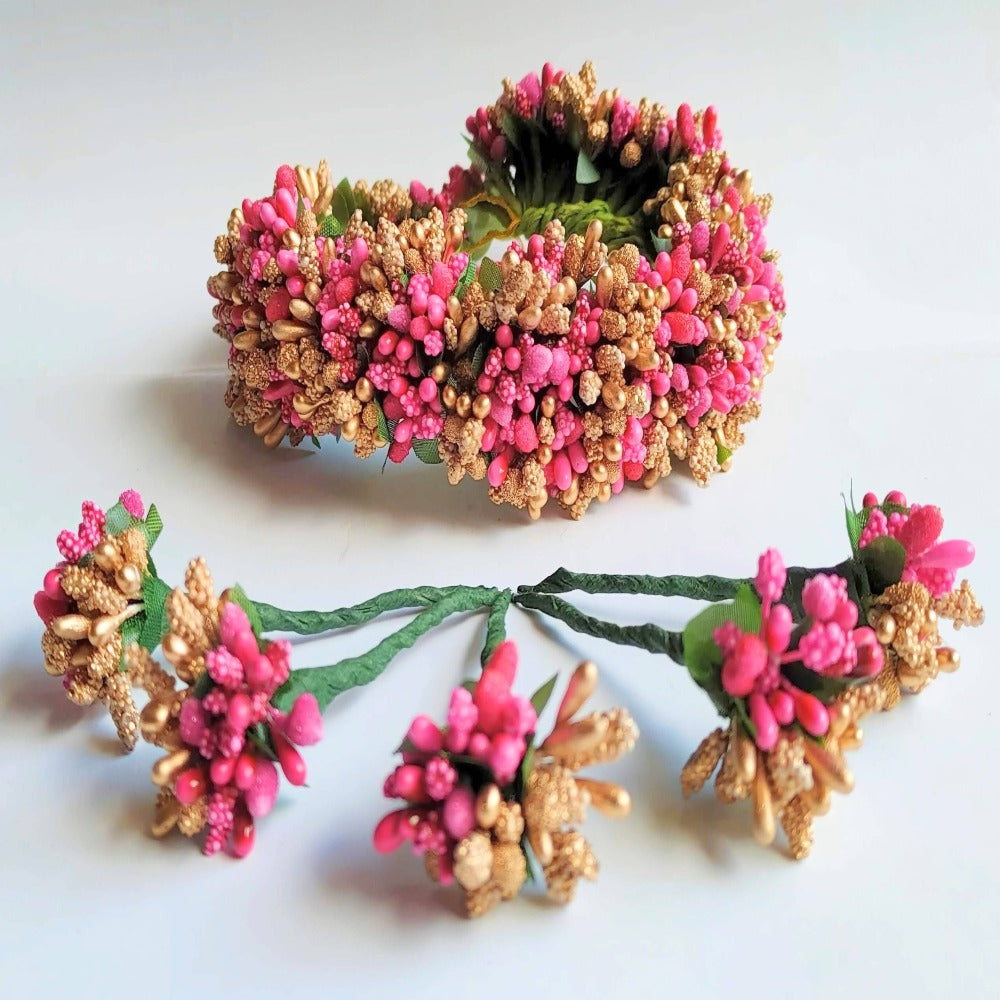 Pink & Gold Bridal Hair Gajra with Brooches | Grocsy
