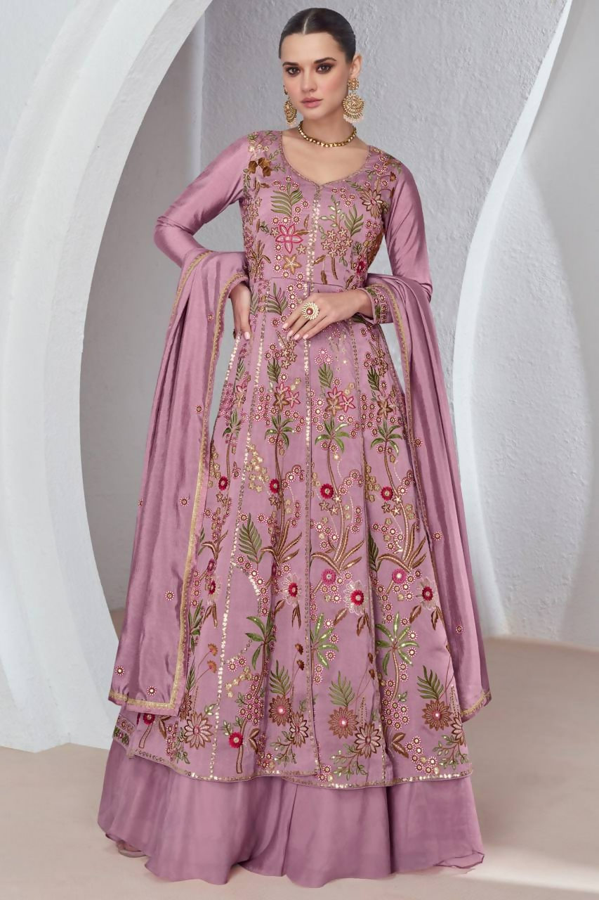 Lorenvalley Fashion Pink Viscose Silk Embroidery Work Gown Skirt Stitched | Grocsy