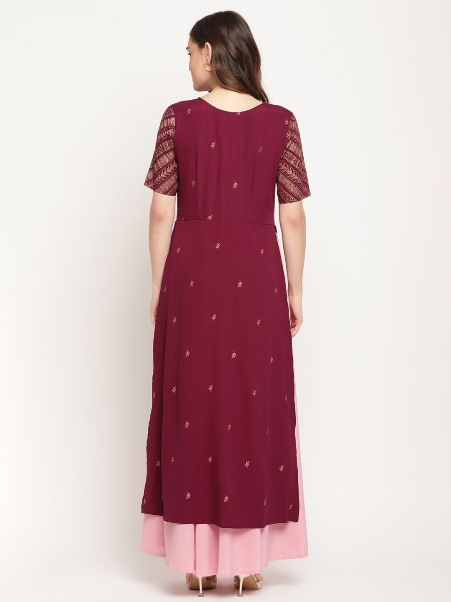 Ahalyaa Women Wine Crepe Glitter Print Dress | Grocsy