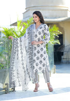 Juniper Women's Grey Floral Printed Cotton Kurta Dhoti Pant & Dupatta Set | Grocsy