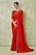 Red Georgette Plain Saree with Blouse Piece - Purvi | Grocsy