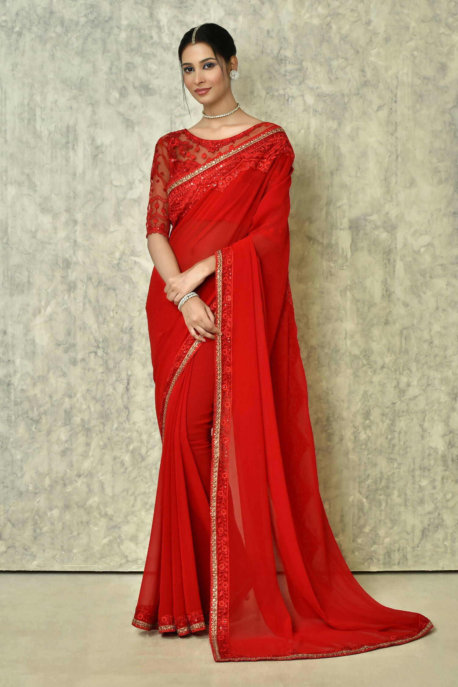 Red Georgette Plain Saree with Blouse Piece - Purvi | Grocsy