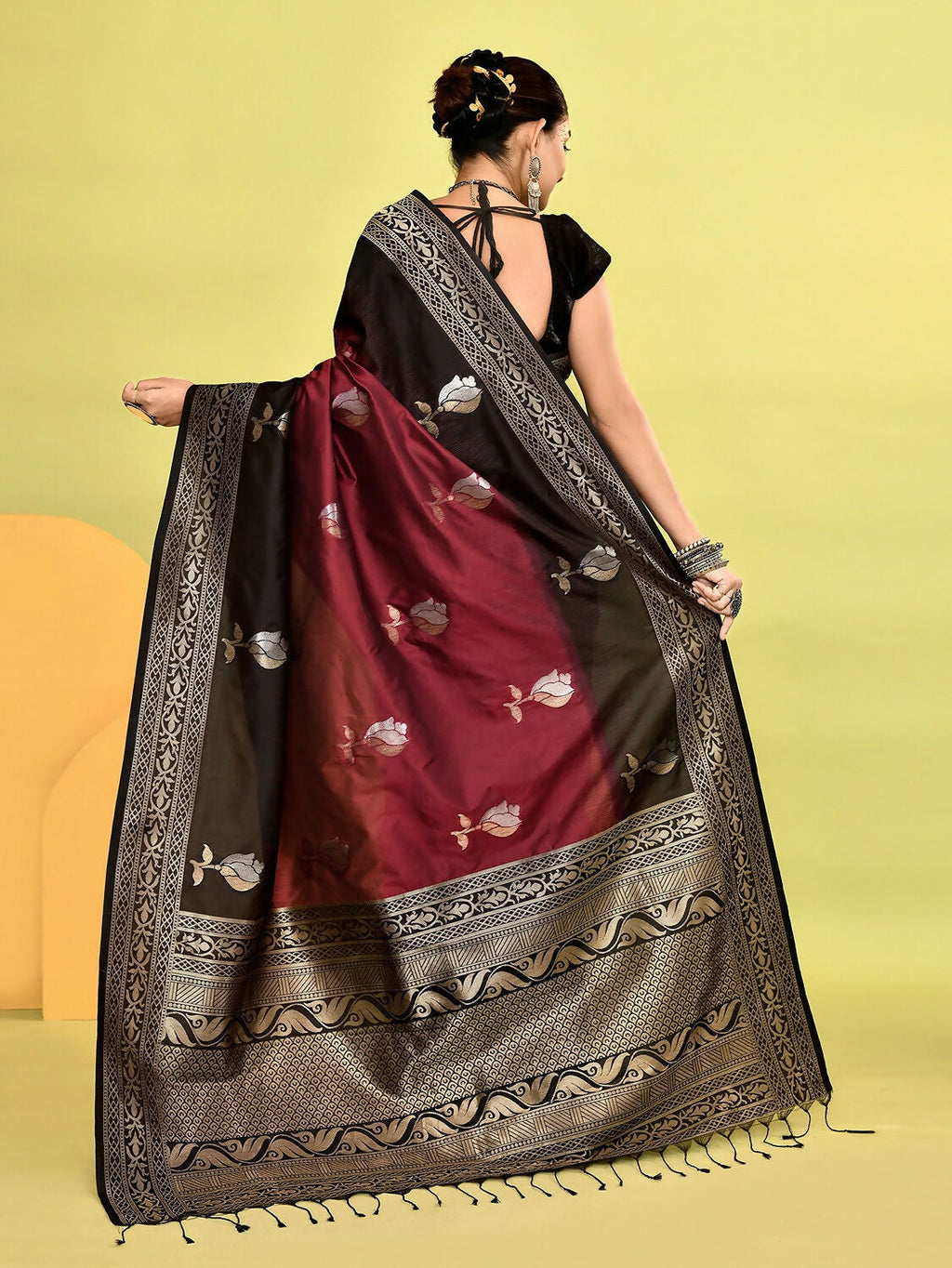 Joban Fashion Maroon & Black Plain With Weaving Border Banarasi Silk Sarees | Grocsy