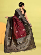 Joban Fashion Maroon & Black Plain With Weaving Border Banarasi Silk Sarees | Grocsy