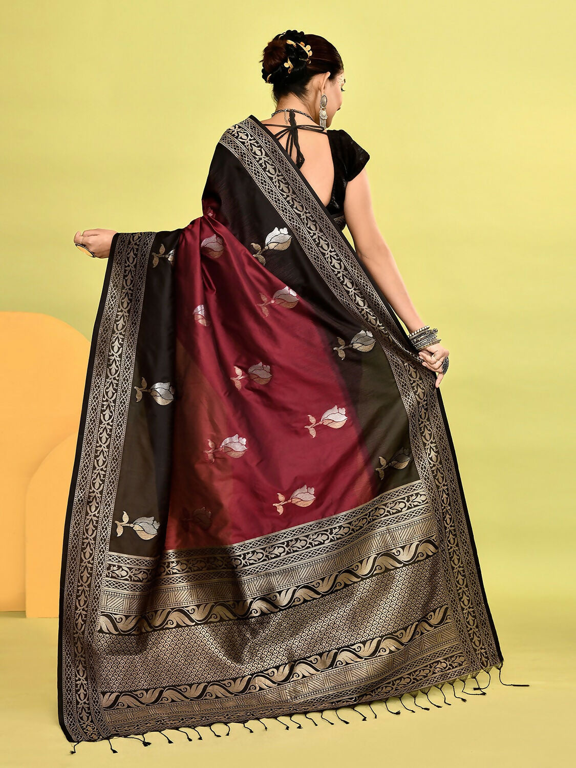 Joban Fashion Maroon & Black Plain With Weaving Border Banarasi Silk Sarees | Grocsy