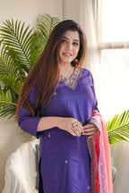 The52 Purple Women's Gorgeous Embroidered Vichitra Fabric Straight Kurta Pant with Dupatta Set | Grocsy