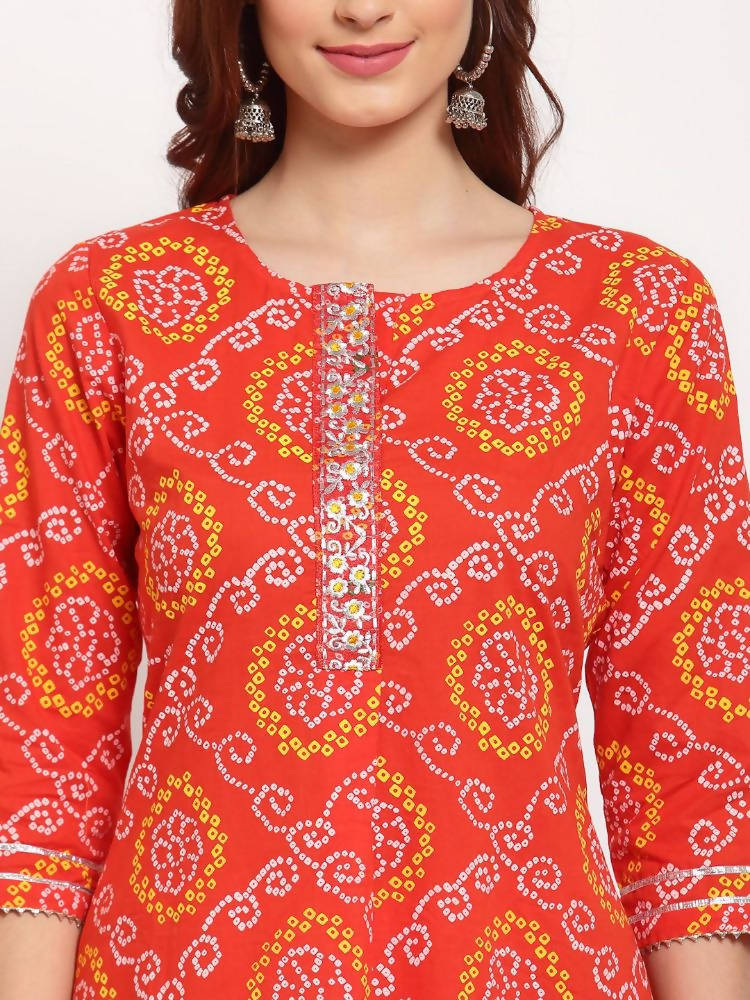 Myshka Women's Orange Printed Cotton 3/4 Sleeve Round Neck Casual Kurta Pant Dupatta Set | Grocsy