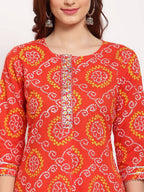 Myshka Women's Orange Printed Cotton 3/4 Sleeve Round Neck Casual Kurta Pant Dupatta Set | Grocsy