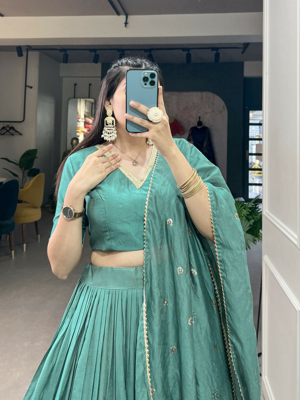 Lorenvalley Seagreen Pure Chanderi Plain With Zari Weaving Work Border Lehenga Choli | Grocsy