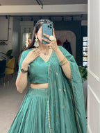 Lorenvalley Seagreen Pure Chanderi Plain With Zari Weaving Work Border Lehenga Choli | Grocsy