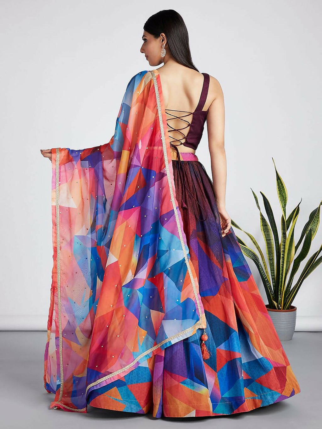House of Panchhi Multi colour Organza Abstrack design digital print Semi-Stitched Lehenga choli & Dupatta | Grocsy