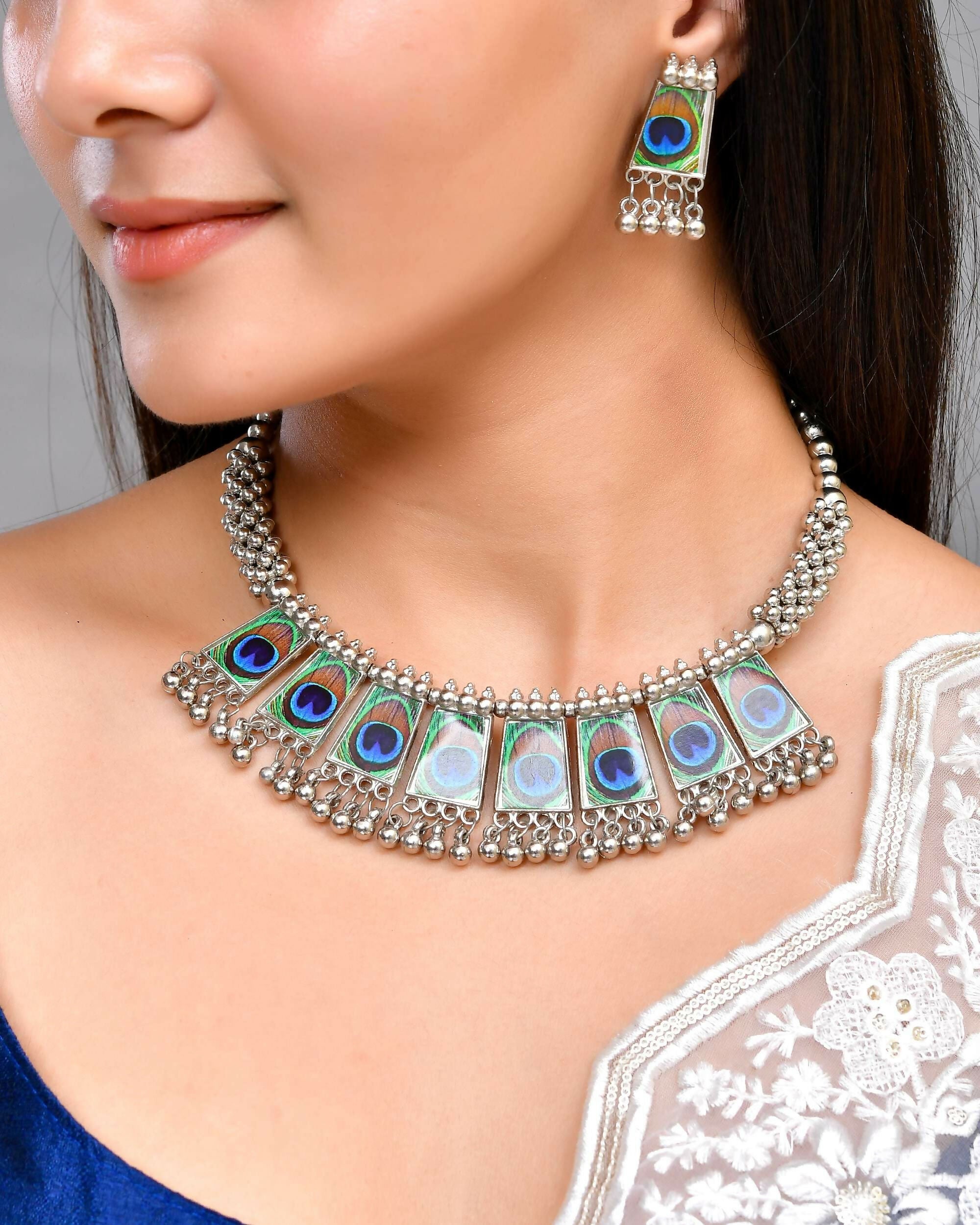 VOJ Silver Plated Oxidized Peacock Print Hasli with Earring Set | Grocsy