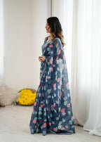 PR Fashion Dark_Blue Linen Patta Printed Saree | Grocsy