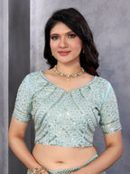 Vastranavya Sky Blue Embroidery Work Shimmer Chiffon Saree with Unstitched Blouse | Grocsy