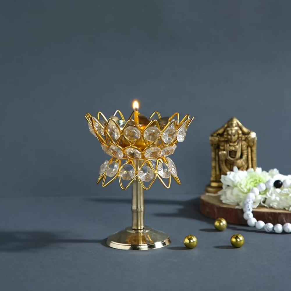 CraftVatika Brass Crystal Kerala Diya Stand | Grocsy