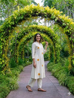 Teeya Creation New Latest Women Off-White & Yellow Embroidered Cotton A-Line Kurta with Trousers | Grocsy