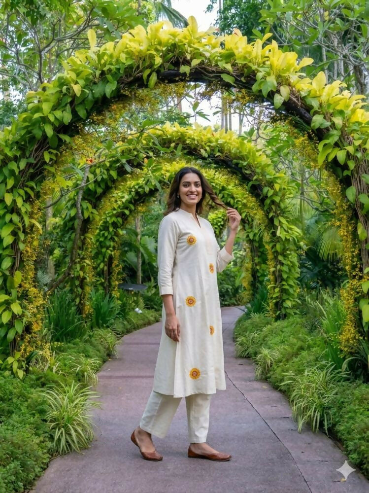 Teeya Creation New Latest Women Off-White & Yellow Embroidered Cotton A-Line Kurta with Trousers | Grocsy