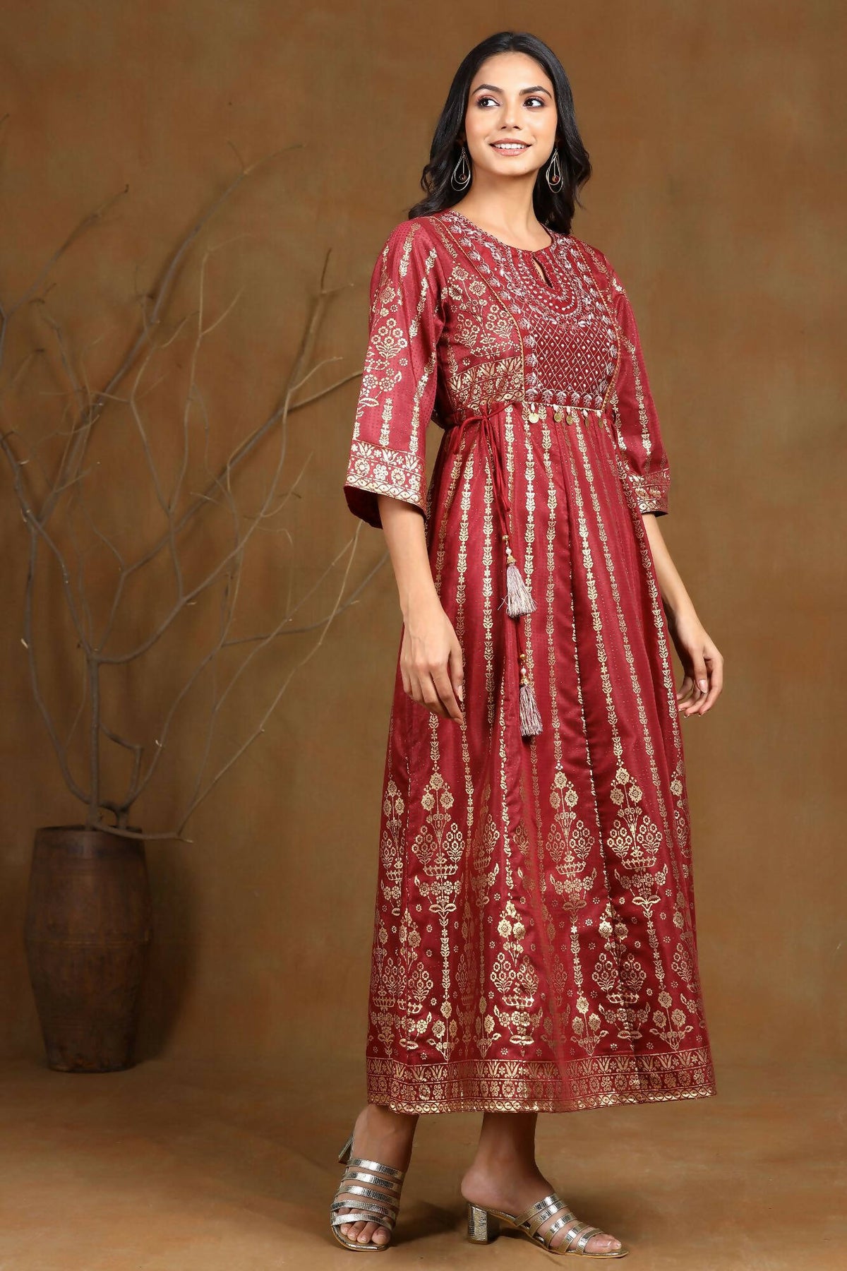 Juniper Women Maroon Shantoon Printed Anarkali Dress | Grocsy