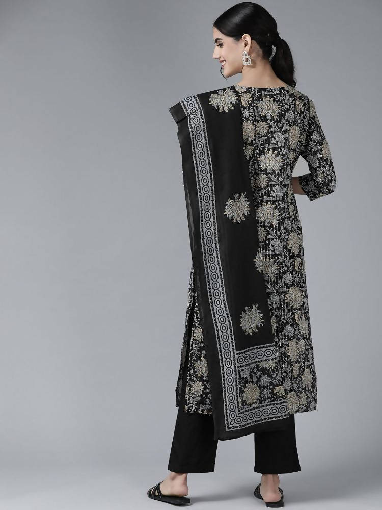Yufta Women Black Floral Pure Cotton Kurta with Trouser & With Dupatta | Grocsy