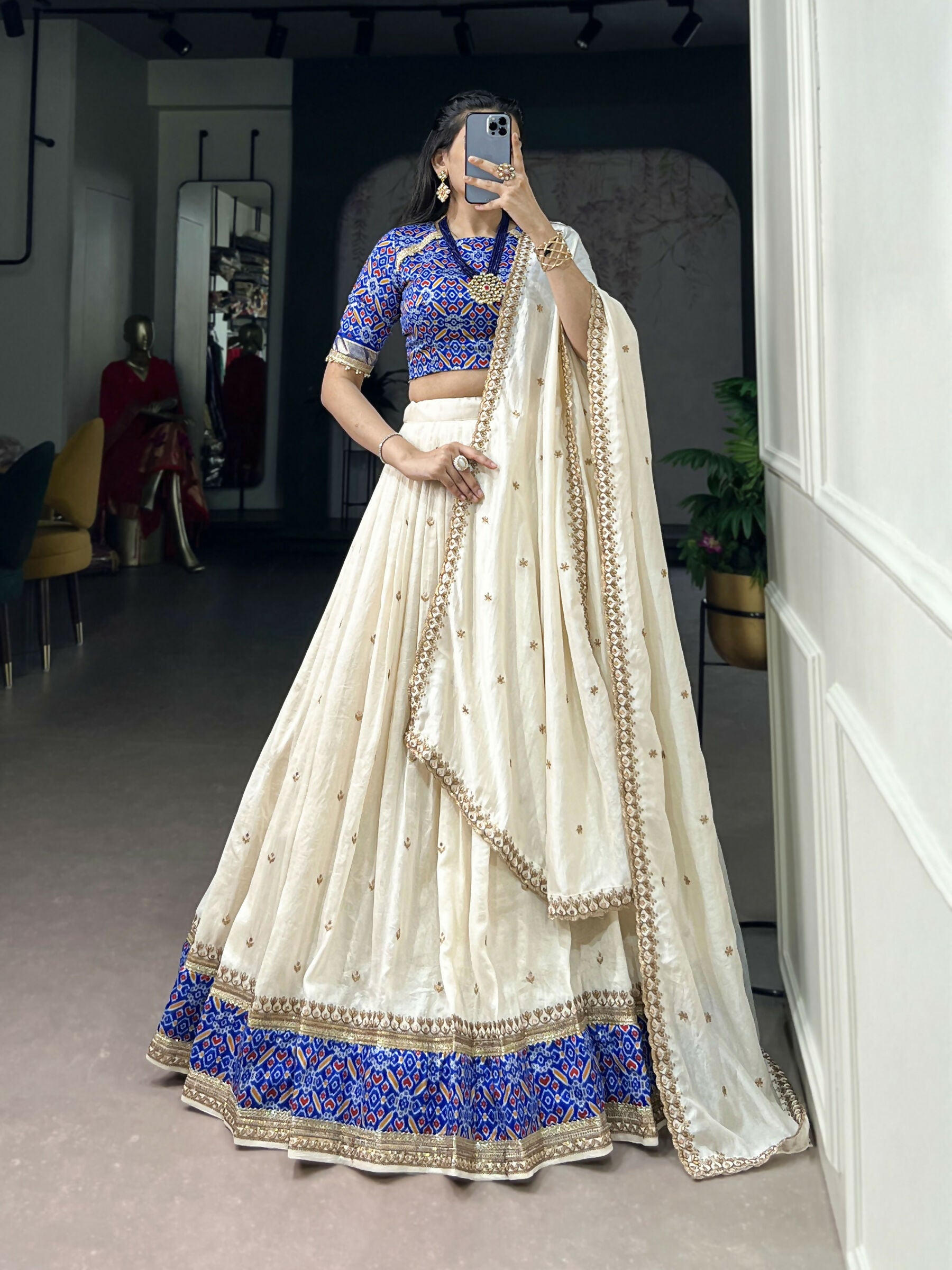 Lorenvalley Fashion White Vichitra Silk Sequins and Thread Embroidery Work Lehenga Choli with Dupatta | Grocsy