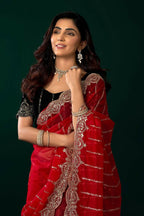 Joban Fashion Red Net Party Wear Sarees | Grocsy