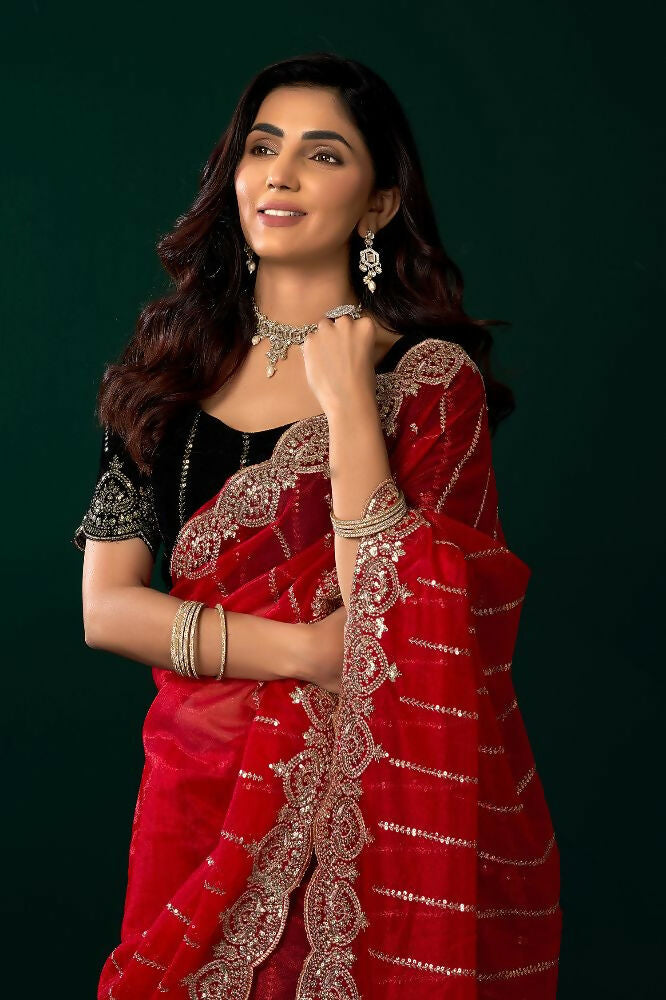 Joban Fashion Red Net Party Wear Sarees | Grocsy