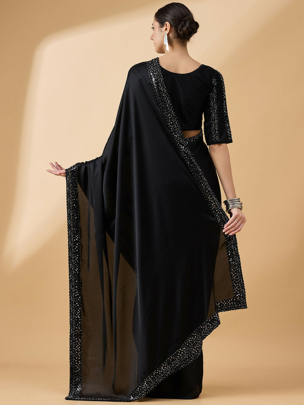 Black Satin Solid Sequence Work Saree with Stitched Blouse - Dharavi | Grocsy