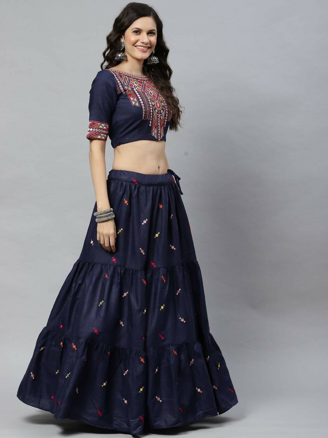Navy Blue Cotton Embroidered Work Lehenga Choli with Dupatta - Jivika | Grocsy