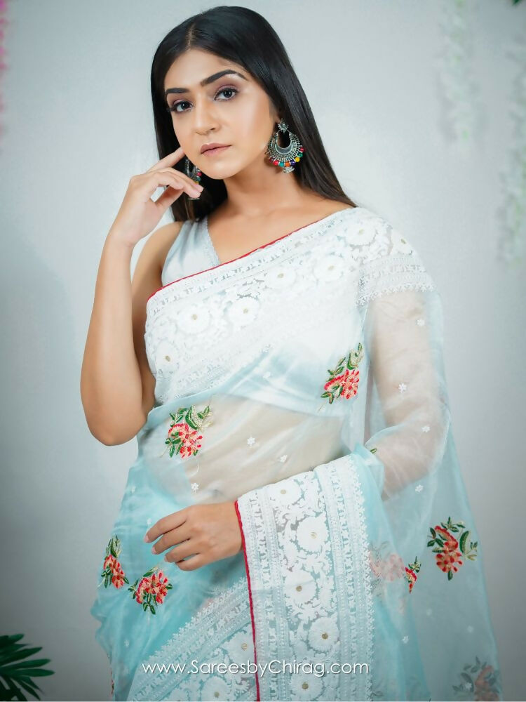 Vamsee Sambhuti Sea Green Organza Saree | Grocsy