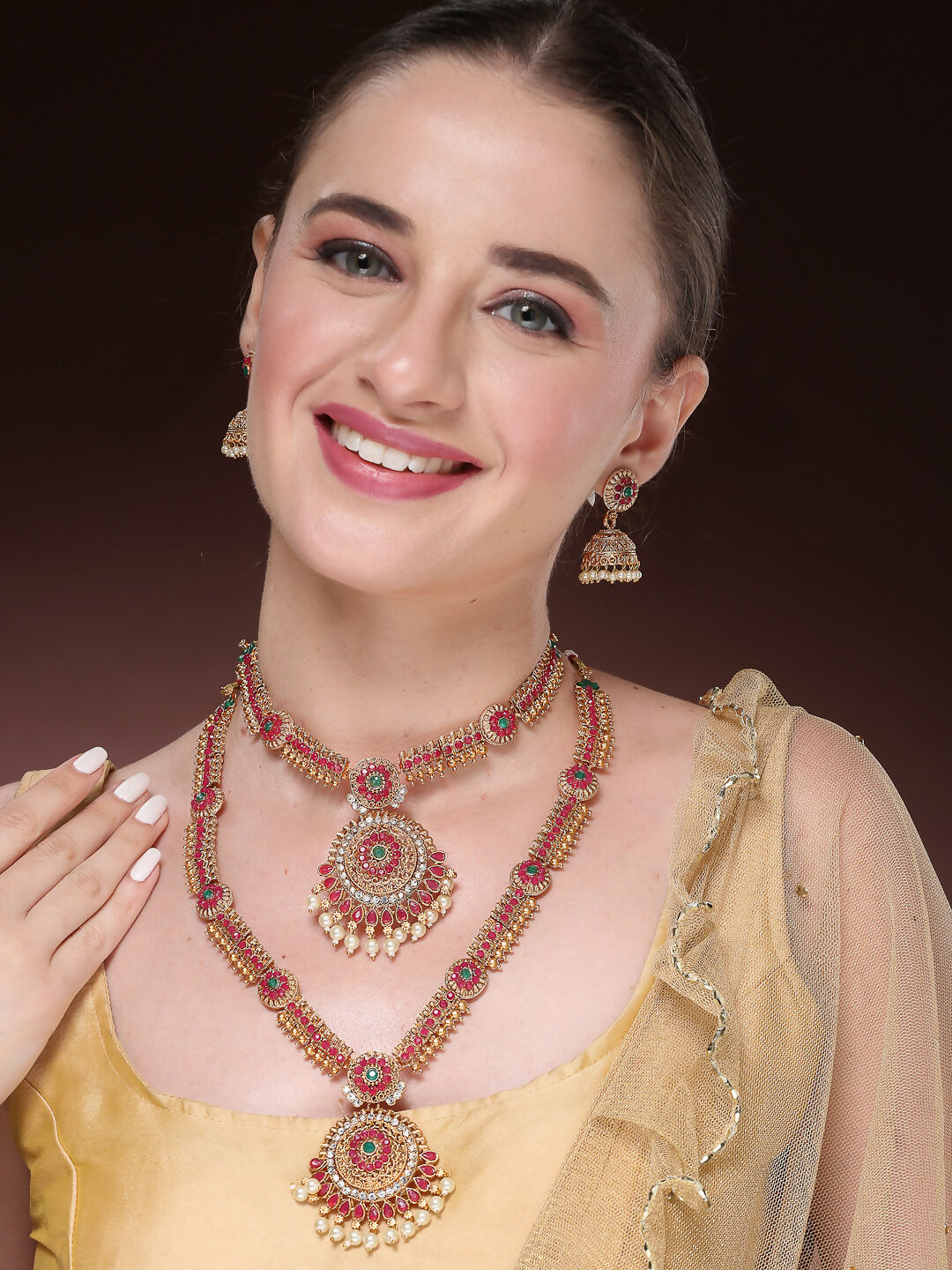 NVR Women's Set Of 2 Green & Red Stone Studded & Beaded Gold-Polished Temple Jewellery Set | Grocsy