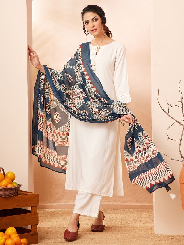 Janasya Off White Straight Rayon Kurta,Bottom & Dupatta | Grocsy