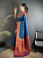 Joban Fashion Blue Intricate Motifs Soft Silk Banarasi Saree | Grocsy