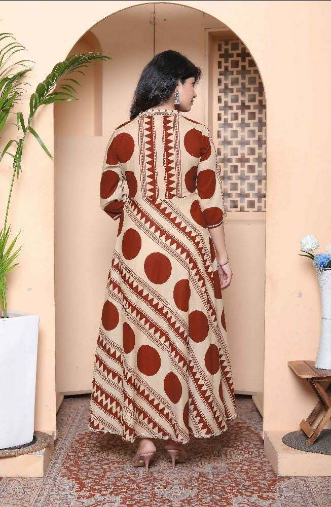 Miravan Womens Brown Printed V-Neck Anarkali Kurta | Grocsy