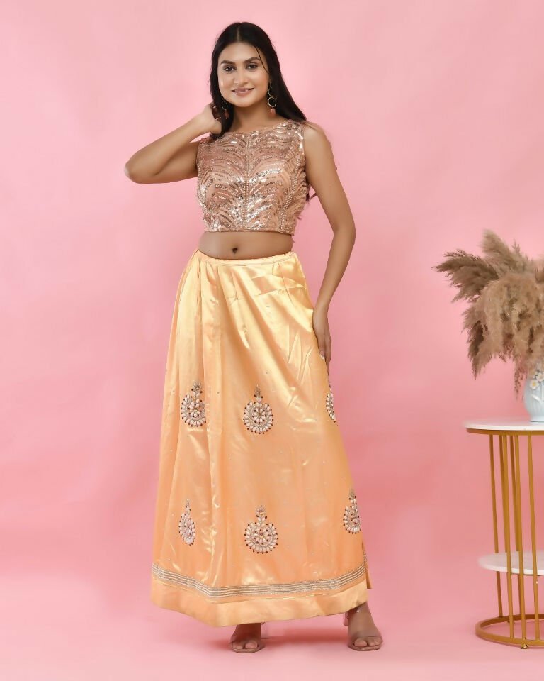 Amodini Designer Studio Copper Gold Sequined Pearl Sleeveless Padded Blouse | Grocsy