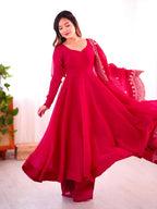 Joban Fashion Red Chinnon Silk Sequence Embroidery Work Readymade Kurta Set | Grocsy