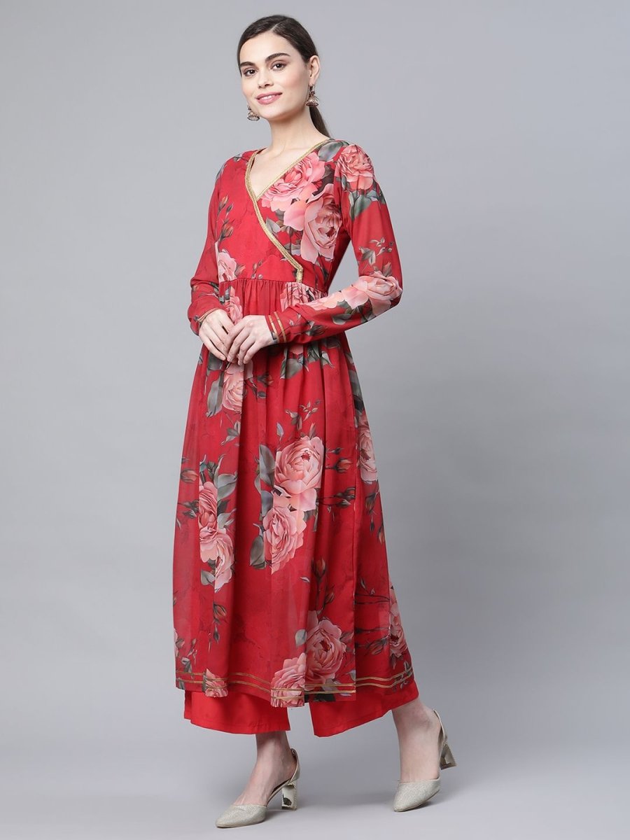Ahalyaa Women Red Georgette Digital Floral Printed Kurta Palazzo Set | Grocsy